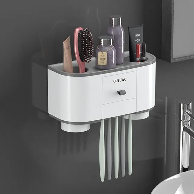 Bathroom Accessories Set for Storage of Toiletries Toothpaste Dispenser Automatic Toothbrush Holder Wall Mounted Plastic Holder