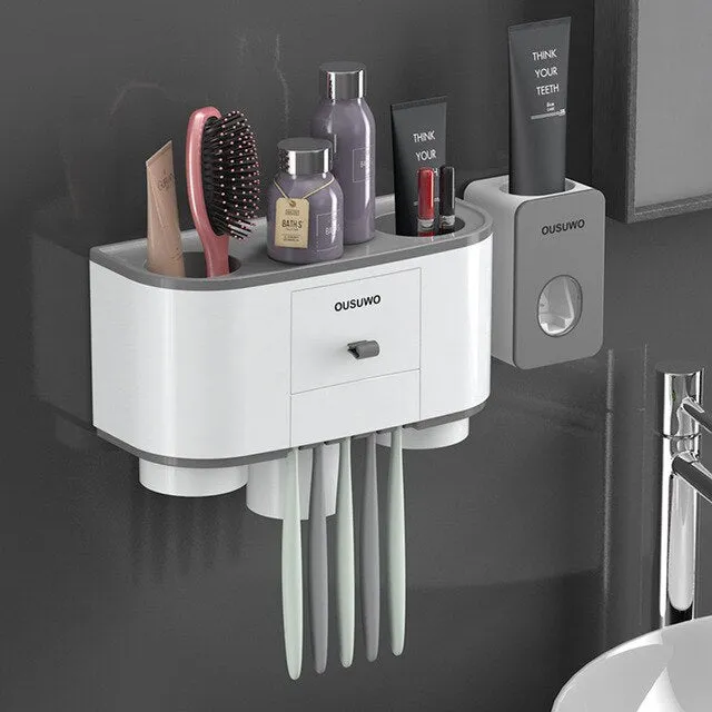 Bathroom Accessories Set for Storage of Toiletries Toothpaste Dispenser Automatic Toothbrush Holder Wall Mounted Plastic Holder