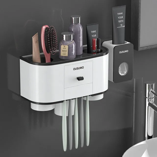 Bathroom Accessories Set for Storage of Toiletries Toothpaste Dispenser Automatic Toothbrush Holder Wall Mounted Plastic Holder