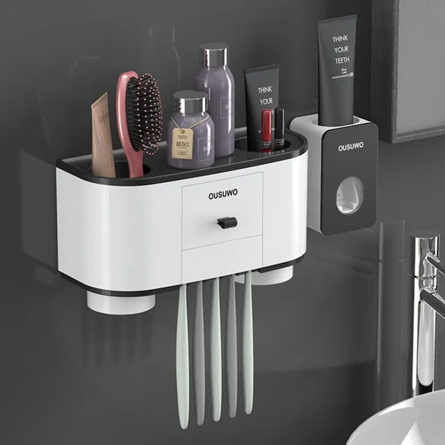 Bathroom Accessories Set for Storage of Toiletries Toothpaste Dispenser Automatic Toothbrush Holder Wall Mounted Plastic Holder