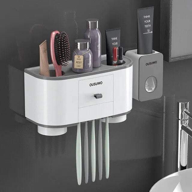 Bathroom Accessories Set for Storage of Toiletries Toothpaste Dispenser Automatic Toothbrush Holder Wall Mounted Plastic Holder