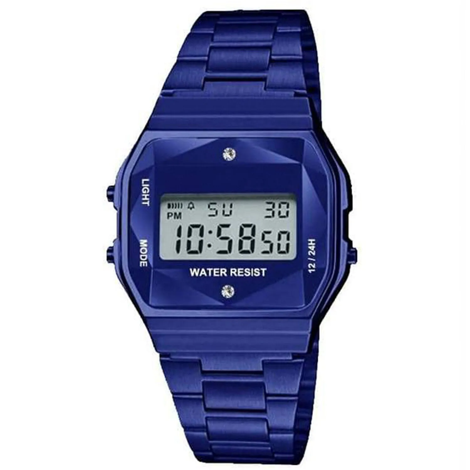 Blue Sports Metal Band Watch with Blue Metal Case and Blue Crystal Cut LCD Display