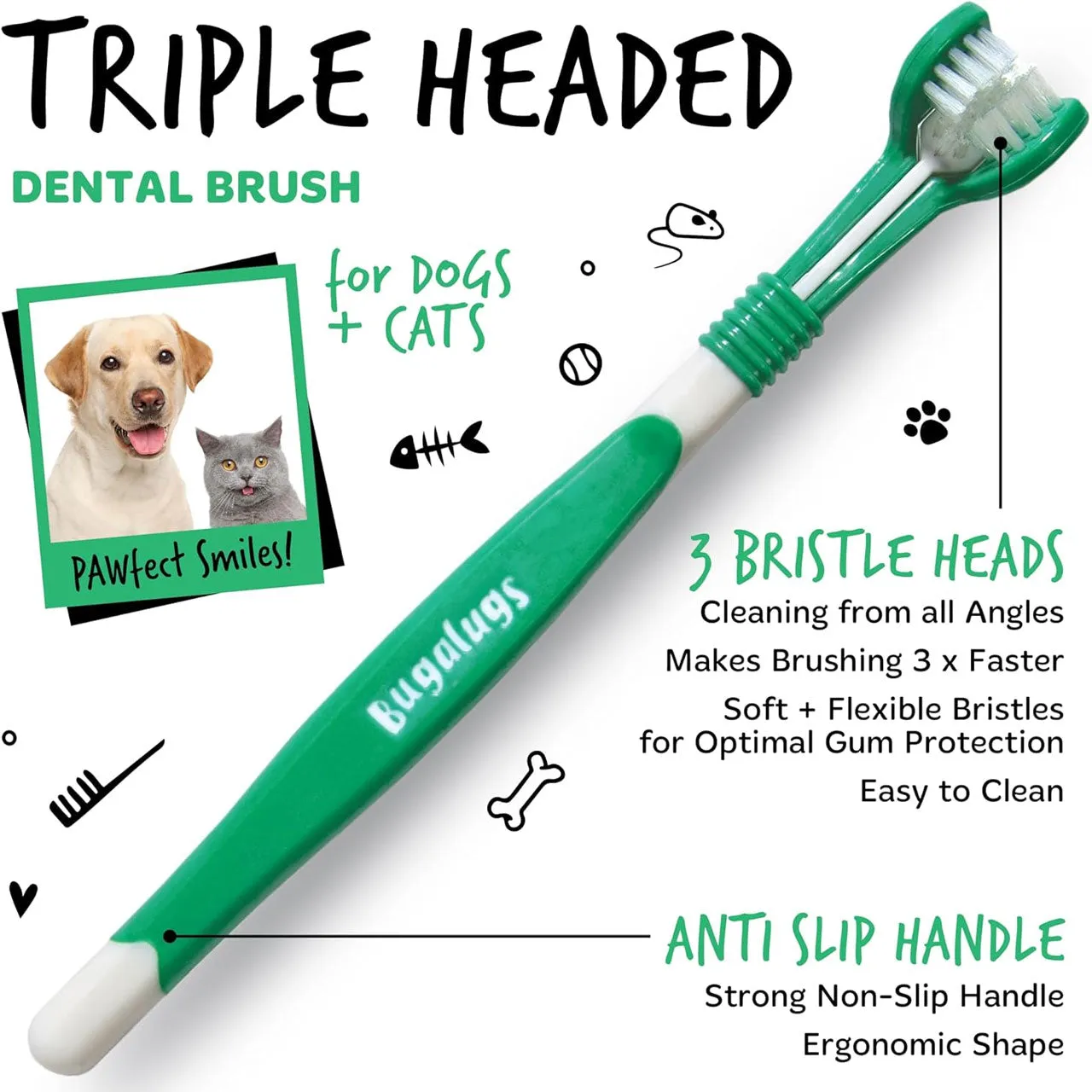 Bugalugs Triple Headed Toothbrush Twin Pack