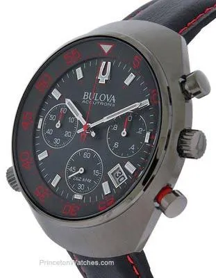 Bulova Mens Accutron II Chrono - Grey Dial w/Red Accents - Black Leather - Date