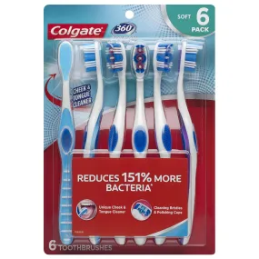 Colgate 360 Toothbrush with Tongue and Cheek Cleaner, Soft - 6 Count