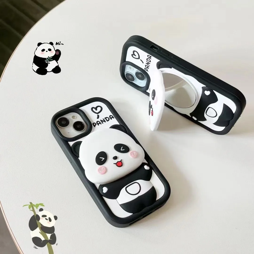 Cute Panda With Mirror Stand Silicon Phone Case For iPhone 13