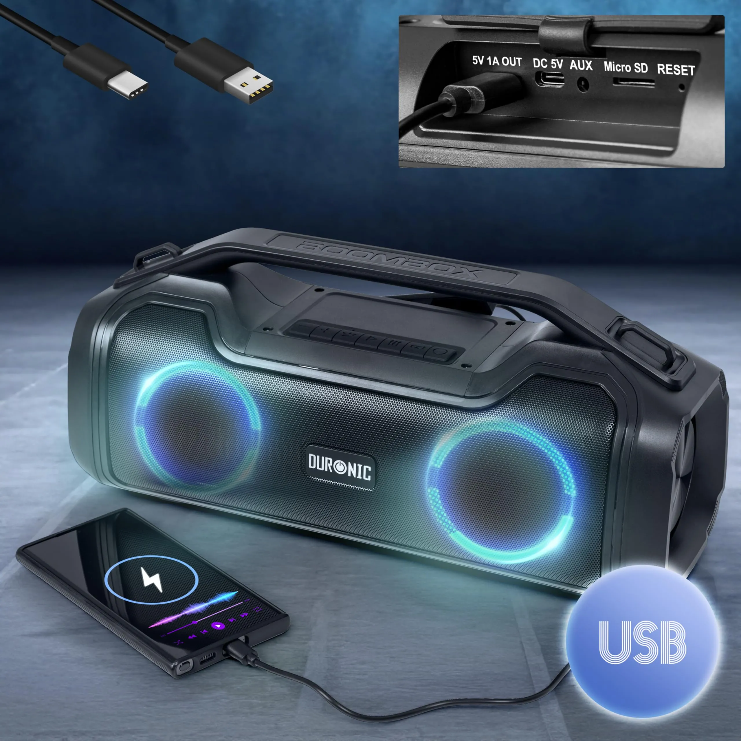 Duronic Portable Boombox BX48, Wireless Bluetooth Speaker with RGB, IPX Waterproof Loudspeaker for Party, Outdoor, Travel, Home Subwoofer with USB Plug in AUX Loud Speakers