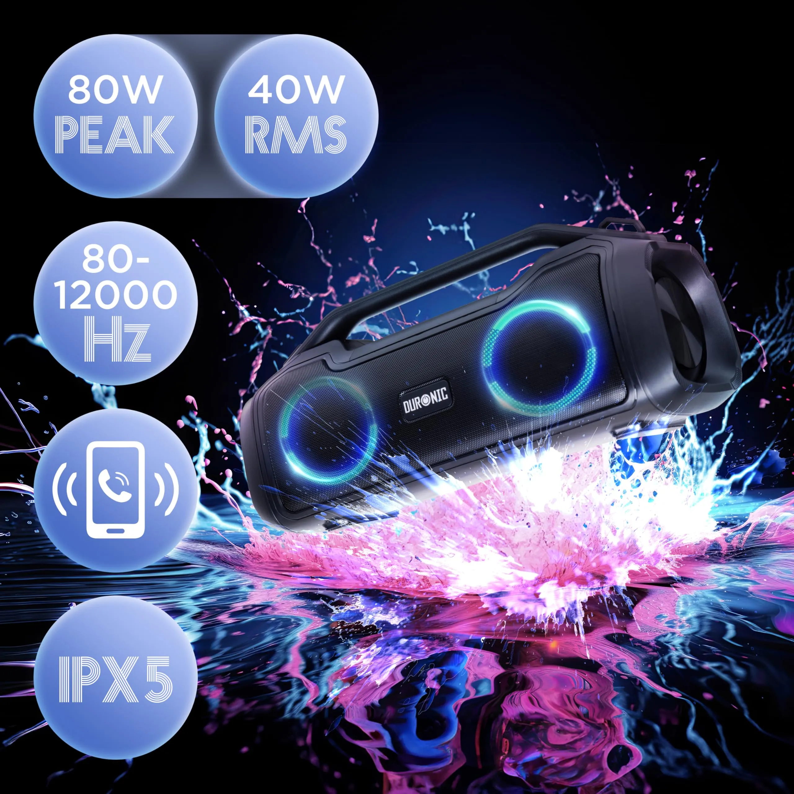 Duronic Portable Boombox BX48, Wireless Bluetooth Speaker with RGB, IPX Waterproof Loudspeaker for Party, Outdoor, Travel, Home Subwoofer with USB Plug in AUX Loud Speakers