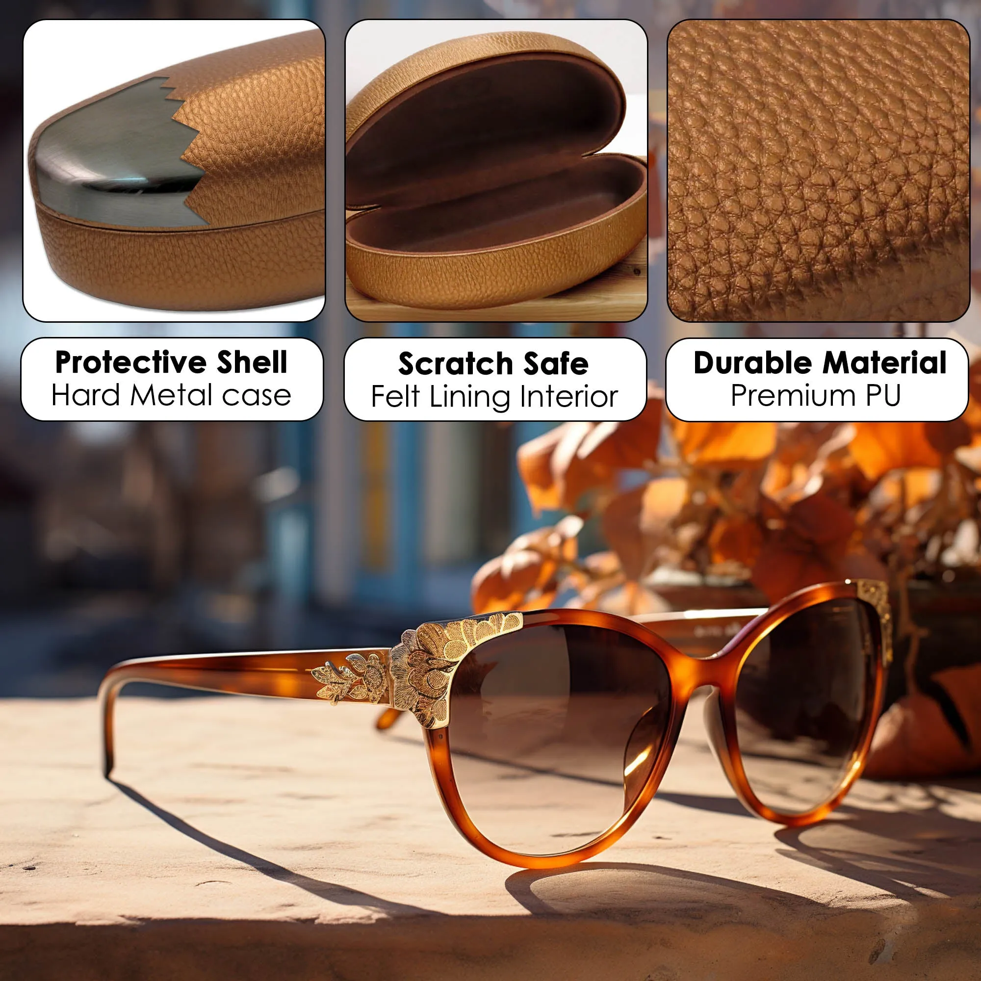 Extra Large Sunglasses Case for Curved Frames - Women Eyeglass Case with Pouch & Cloth (AS179 Bronze)