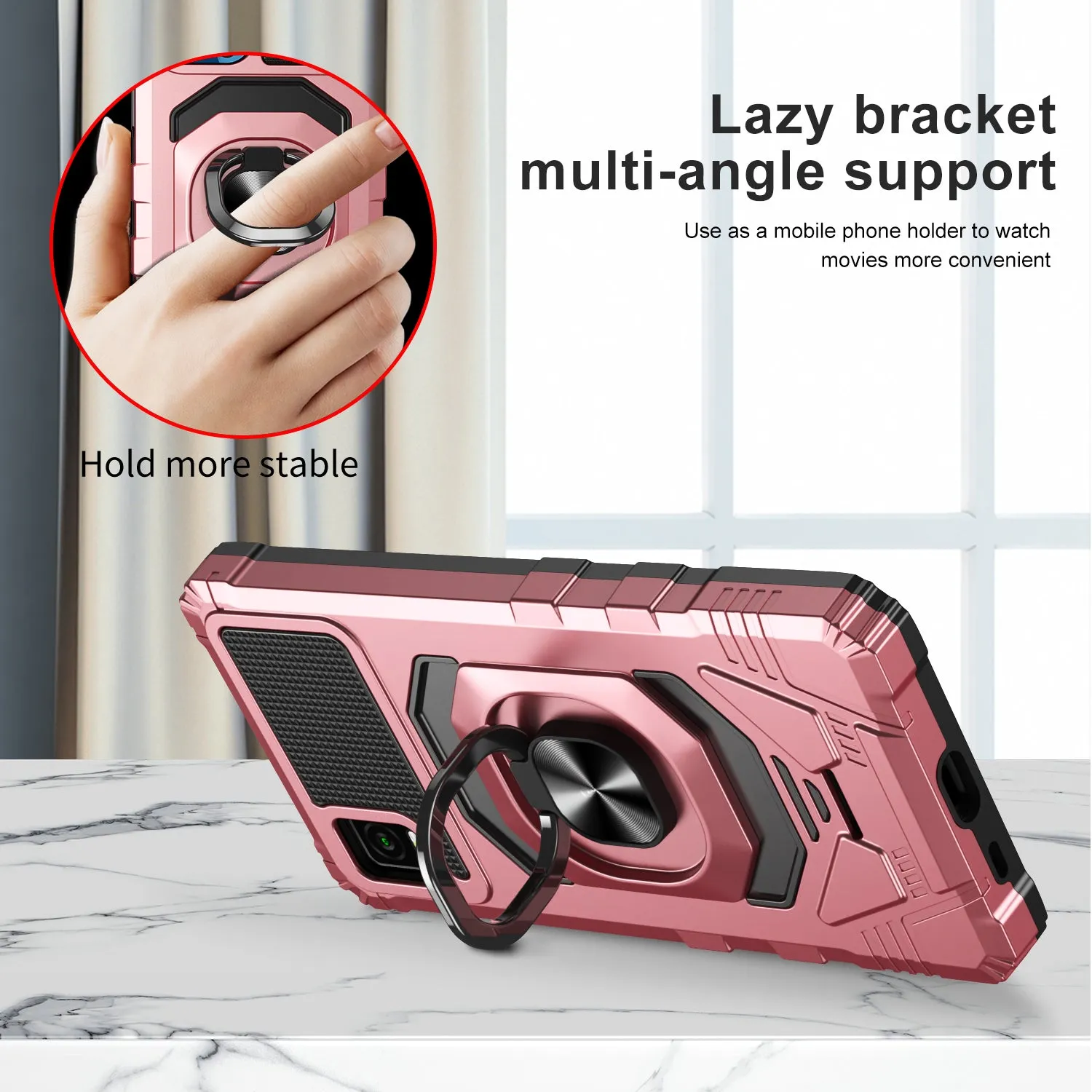 For Cricket Debut Smart Case [Military Grade] Ring Car Mount Kickstand w/[Tempered Glass] Hybrid Hard PC Soft TPU Shockproof Protective Case - Rose Gold