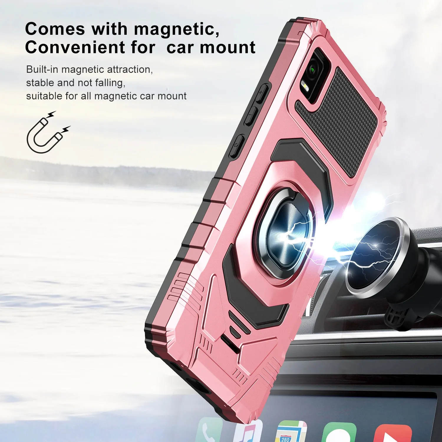 For Cricket Debut Smart Case [Military Grade] Ring Car Mount Kickstand w/[Tempered Glass] Hybrid Hard PC Soft TPU Shockproof Protective Case - Rose Gold