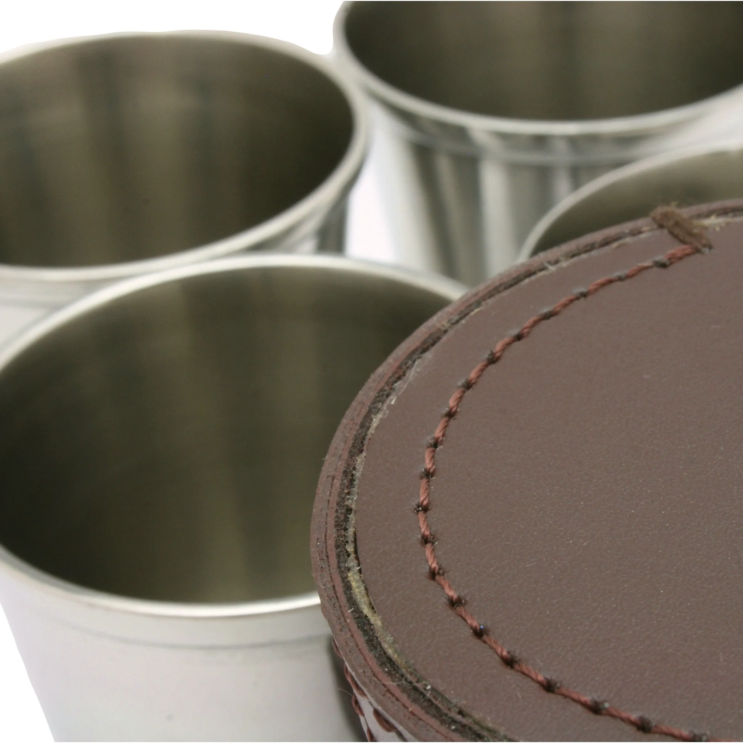 Game Shooter 4 Stacking Steel Stirrup Cups In Brown Leather Popper Case (4oz)