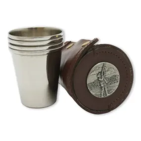 Game Shooter 4 Stacking Steel Stirrup Cups In Brown Leather Popper Case (4oz)