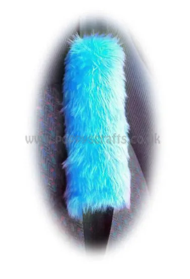 Gorgeous Teal Turquoise Car Steering wheel cover & matching fuzzy faux fur seatbelt pad set