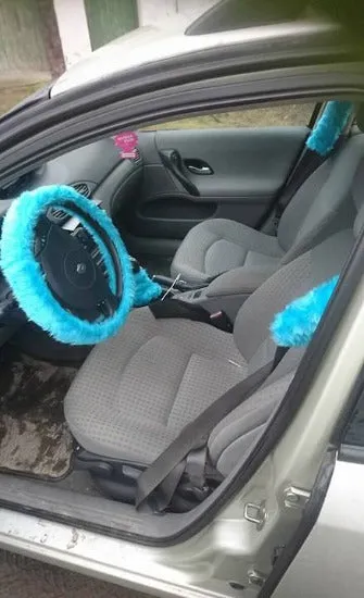 Gorgeous Teal Turquoise Car Steering wheel cover & matching fuzzy faux fur seatbelt pad set