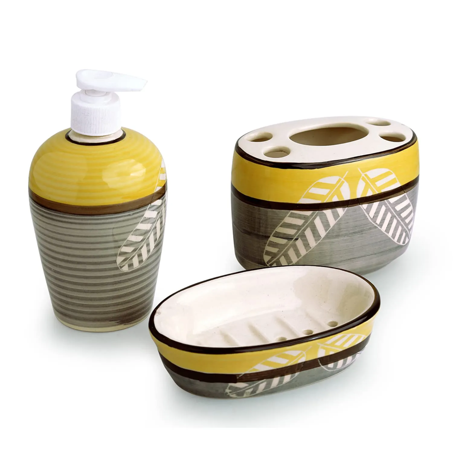 LEAVES IMPRINTED CERAMIC BATHROOM ACCESSORIES SET - PACK OF 3