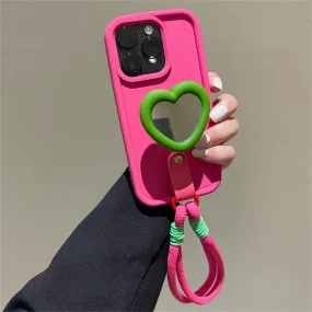 Love Mirror Stand Portable Anti-Lost Hand Strap Simple Phone Case For iPhone