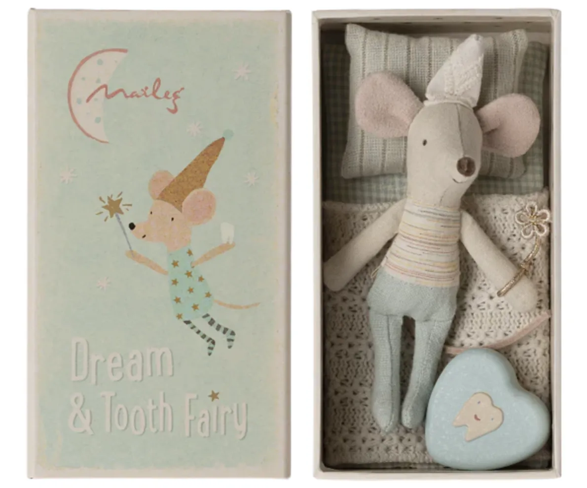 MAILEG LITTLE BROTHER TOOTH FAIRY MOUSE IN MATCHBOX - LT BLUE