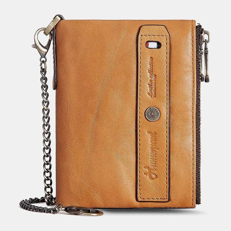 Men Genuine Leather Double Zipper Coin Purse RFID Anti-magnetic 8 Card Slot Case Wallet