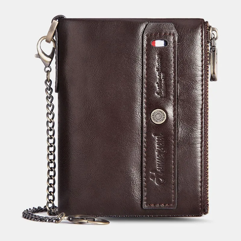 Men Genuine Leather Double Zipper Coin Purse RFID Anti-magnetic 8 Card Slot Case Wallet