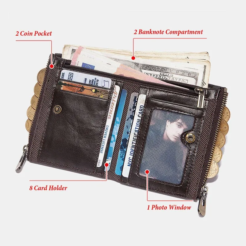 Men Genuine Leather Double Zipper Coin Purse RFID Anti-magnetic 8 Card Slot Case Wallet