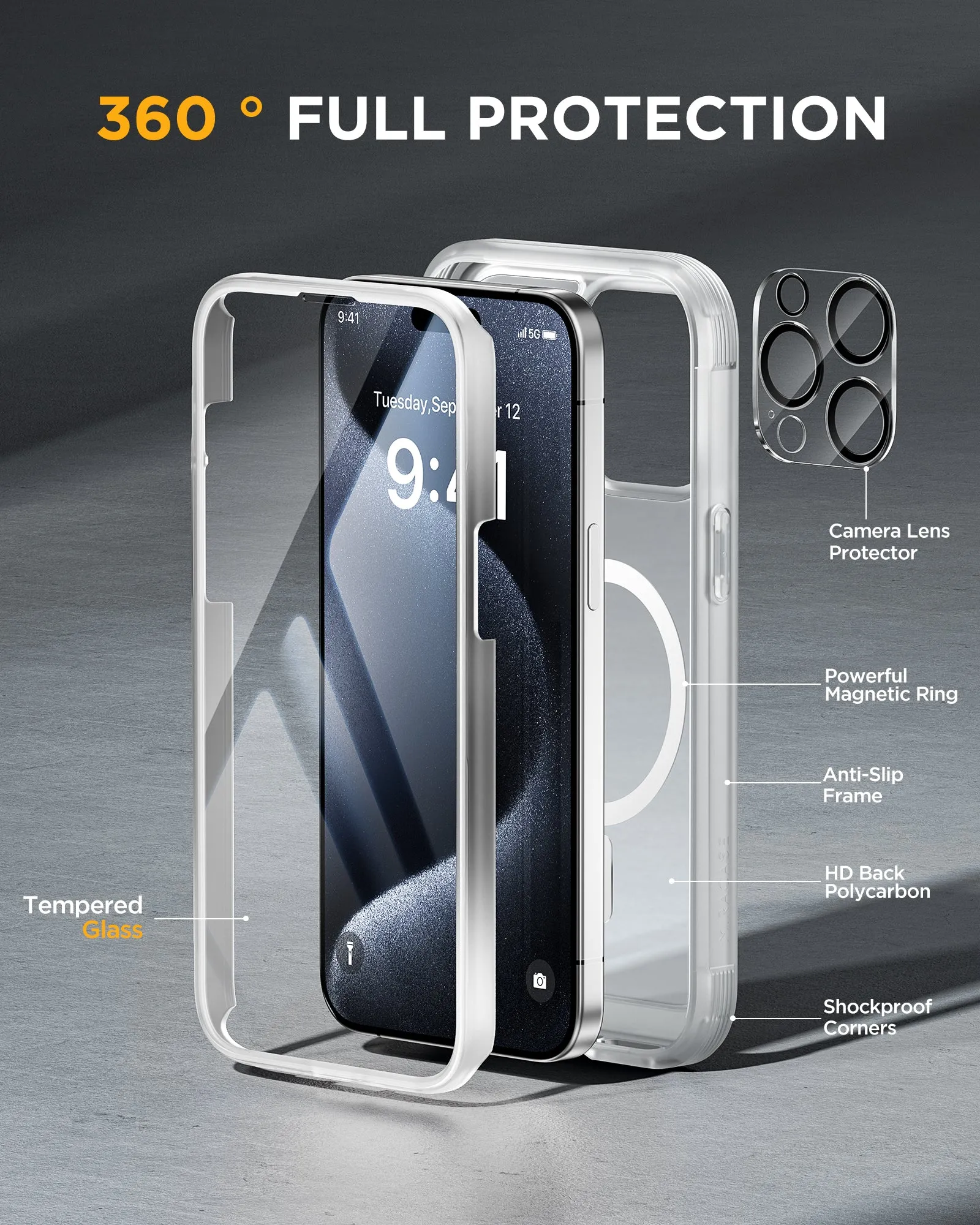 Miracase 360° Protection Case 9H Tempered Glass Phone Case with MagSafe for iPhone 15 Pro 6.1"