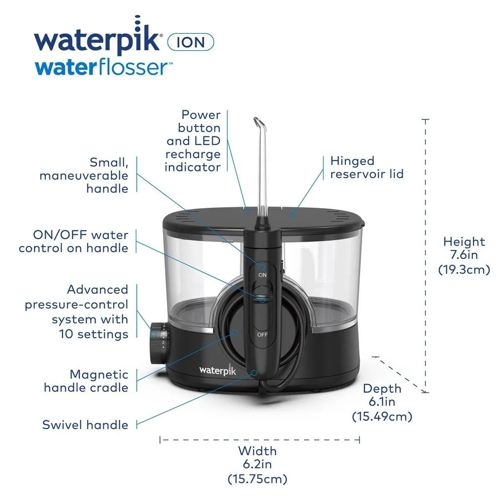 New - Waterpik ION Compact Rechargeable Cordless Countertop Water Flosser - WF-11W012-2 - Black