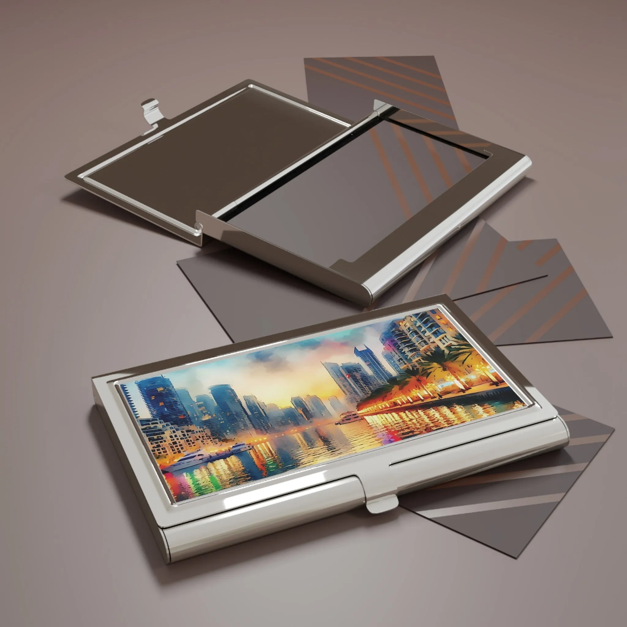 Night, lights, stream and modern buildings Business Card Holder