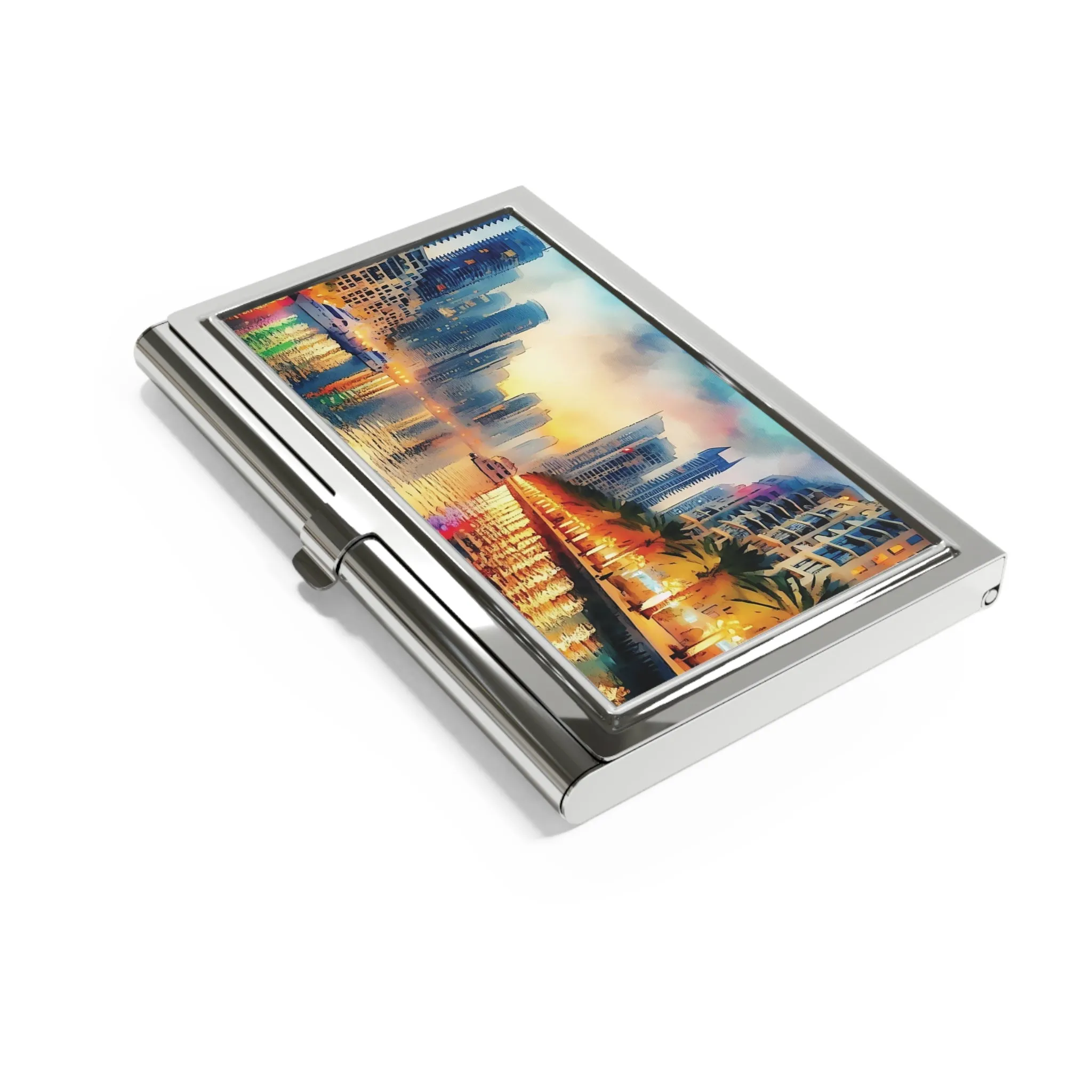 Night, lights, stream and modern buildings Business Card Holder