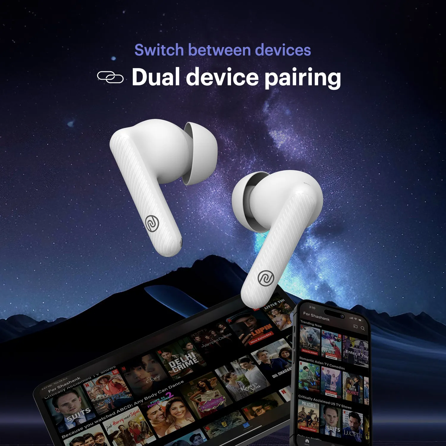 Noise Aura Buds in-Ear Truly Wireless Earbuds with 60H of Playtime, Quad Mic with ENC, Dual Device Pairing, Instacharge (10 min = 150 min), 12mm Polymer Composite Driver, BT v5.3