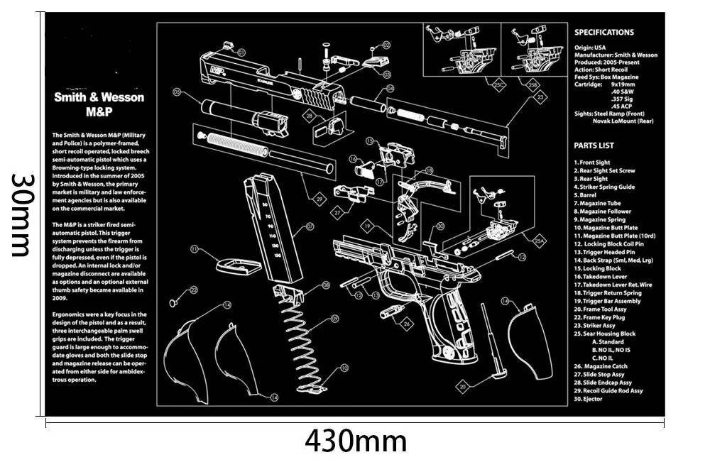 Ohhunt Armorers Bench Mat Cleaning Mat Mouse Pad With M&P Parts Diagram & Instructions