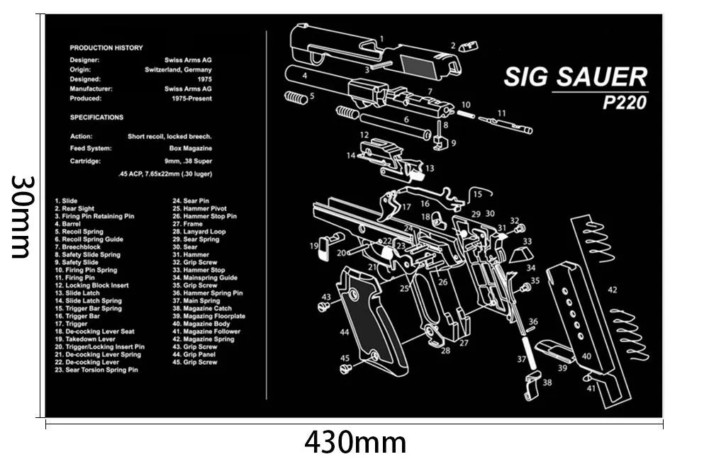 Ohhunt Armorers Bench Mat Cleaning Mat Mouse Pad With P220 Parts Diagram & Instructions