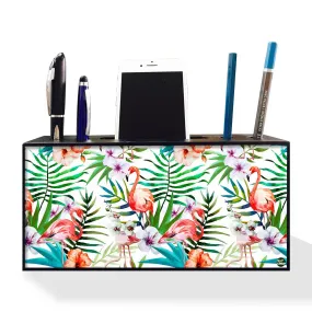 Pen Mobile Stand Holder Desk Organizer - Flamingos With White Flower