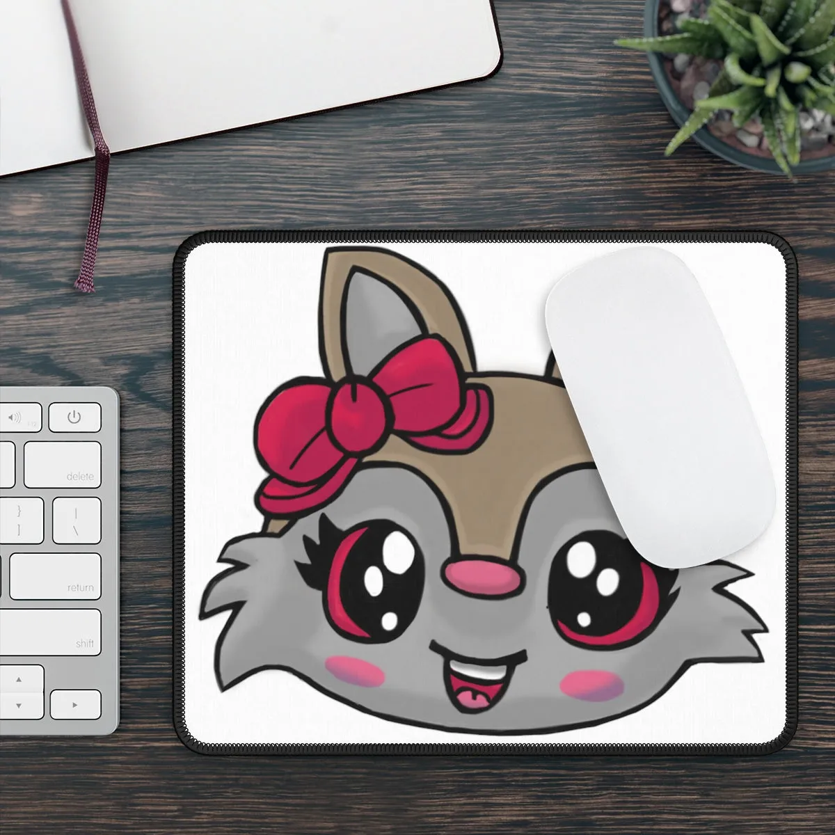 Pink Ribbon Brown Kitty Head Gaming Mouse Pad