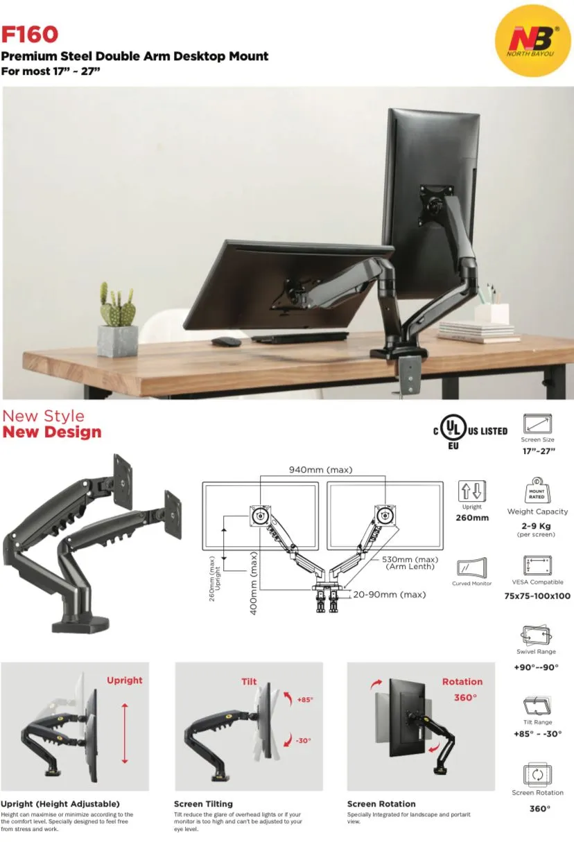 Premium Dual Monitor Mechanical Gas Spring Monitor Arm -  SH F160 (Fits Most 17" ~ 27")