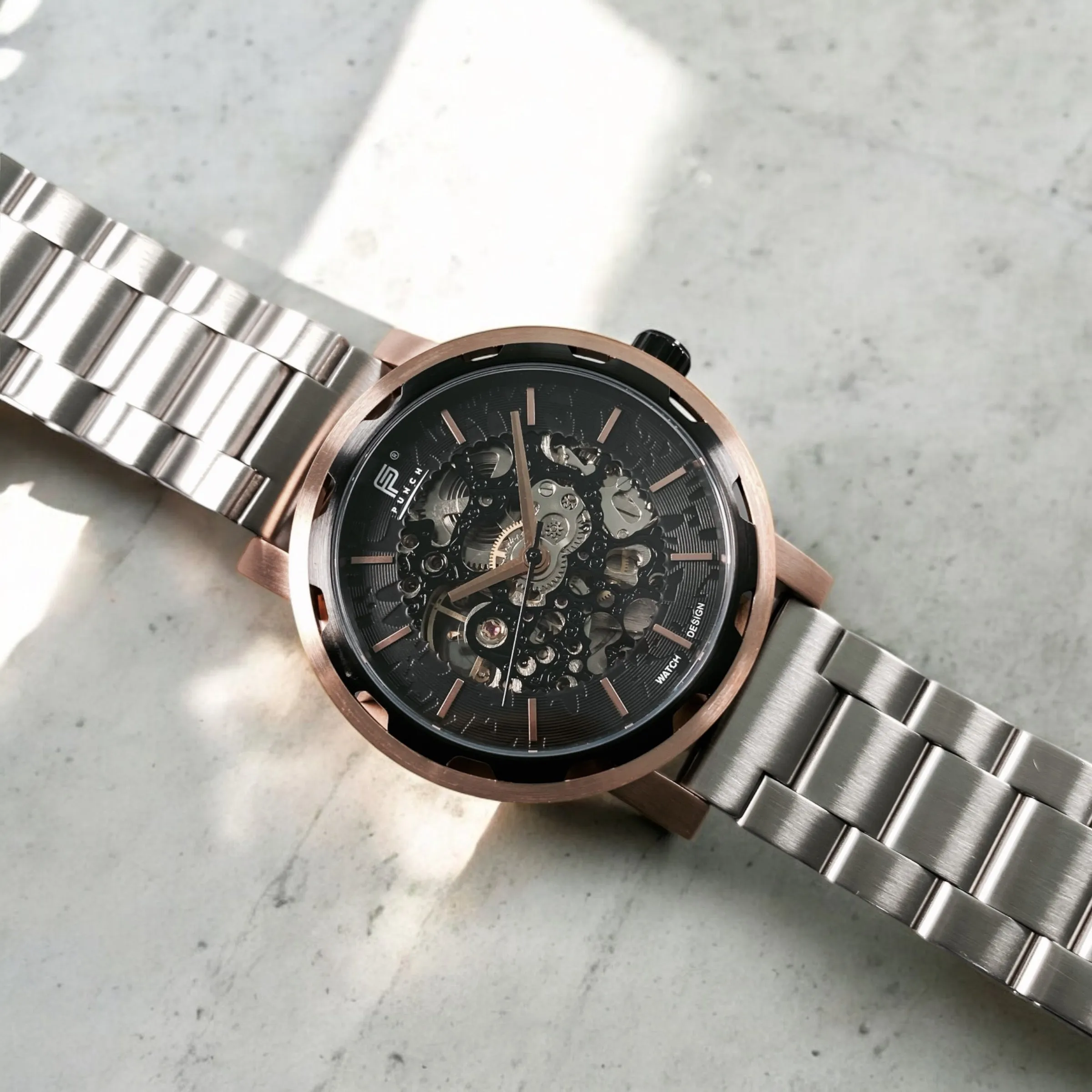 PUNCH Mens Watch, Rose Gold & Black Skeleton Automatic Watch - Silver Metal Strap