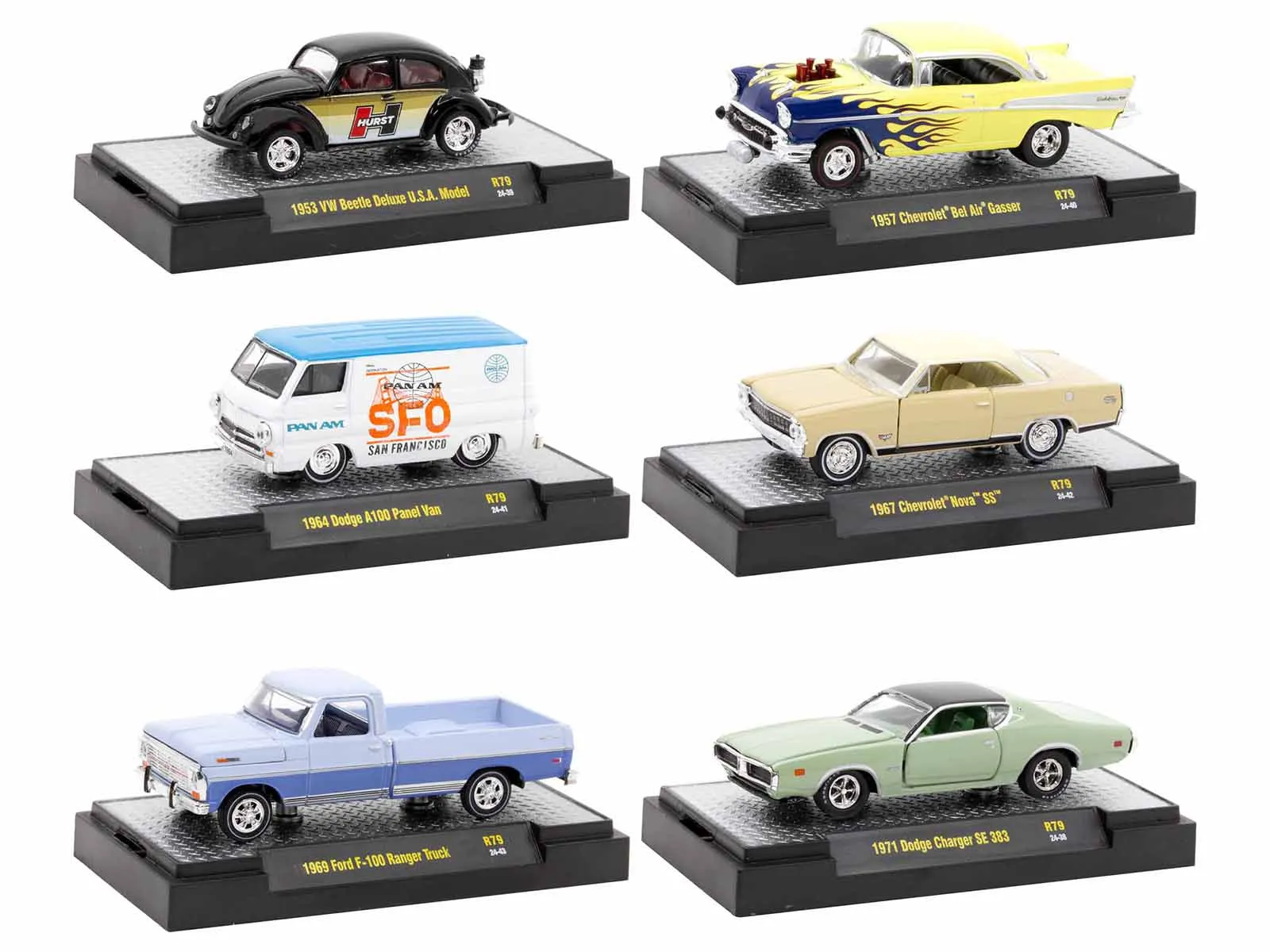 "Auto Meets" Set of 6 Cars IN DISPLAY CASES Release 79 Limited Edition 1/64 Diecast Model Cars by M2 Machines