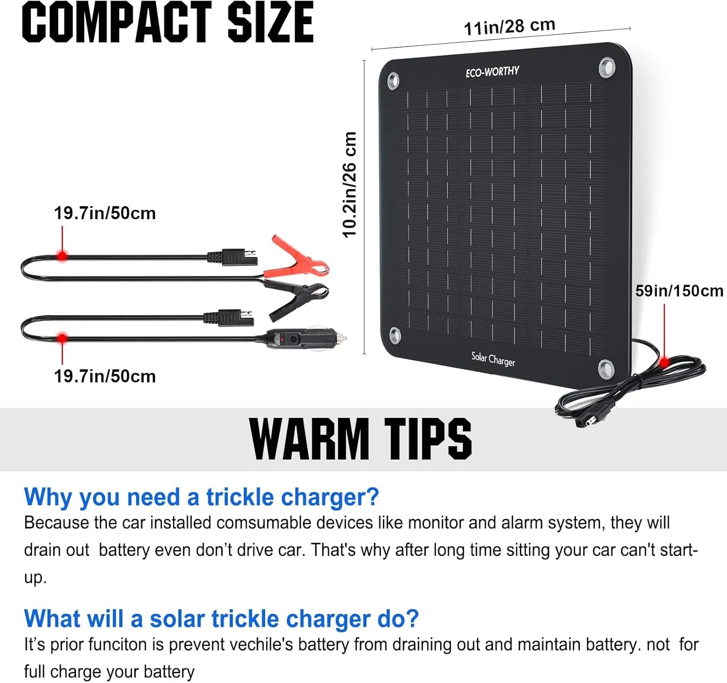 Solar Car Battery Charger Maintainer 12V Waterproof Solar Panel Portable Solar Trickle Charger for Car Truck Boat Lawn Mower RV Trailer Tractor ATV