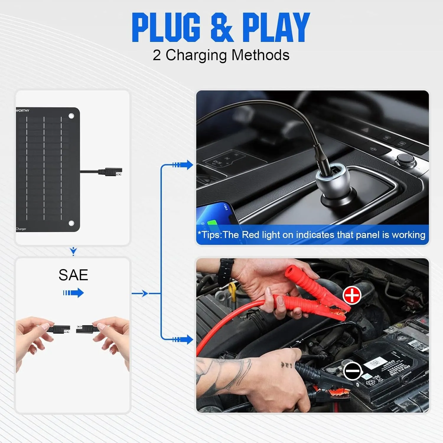 Solar Car Battery Charger Maintainer 12V Waterproof Solar Panel Portable Solar Trickle Charger for Car Truck Boat Lawn Mower RV Trailer Tractor ATV