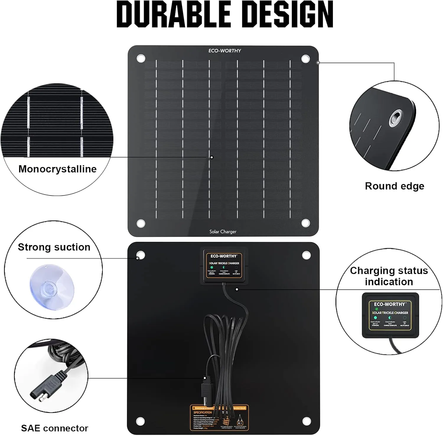 Solar Car Battery Charger Maintainer 12V Waterproof Solar Panel Portable Solar Trickle Charger for Car Truck Boat Lawn Mower RV Trailer Tractor ATV