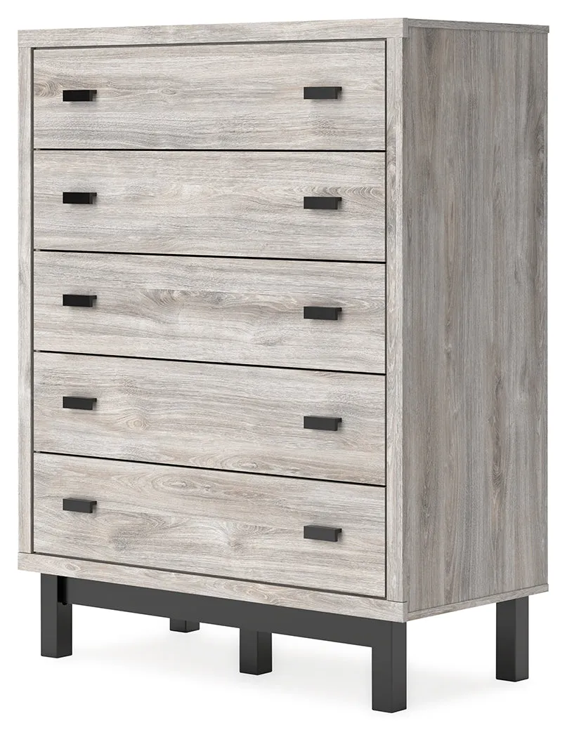 Vessalli Queen Panel Bed with Mirrored Dresser, Chest and 2 Nightstands in Gray