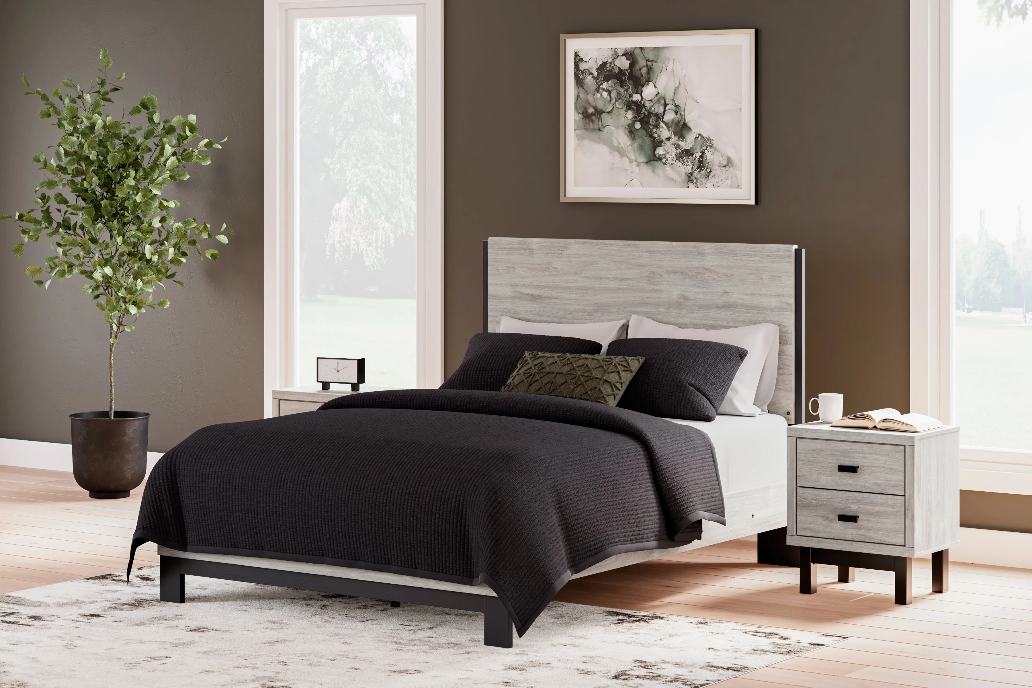 Vessalli Queen Panel Bed with Mirrored Dresser, Chest and 2 Nightstands in Gray