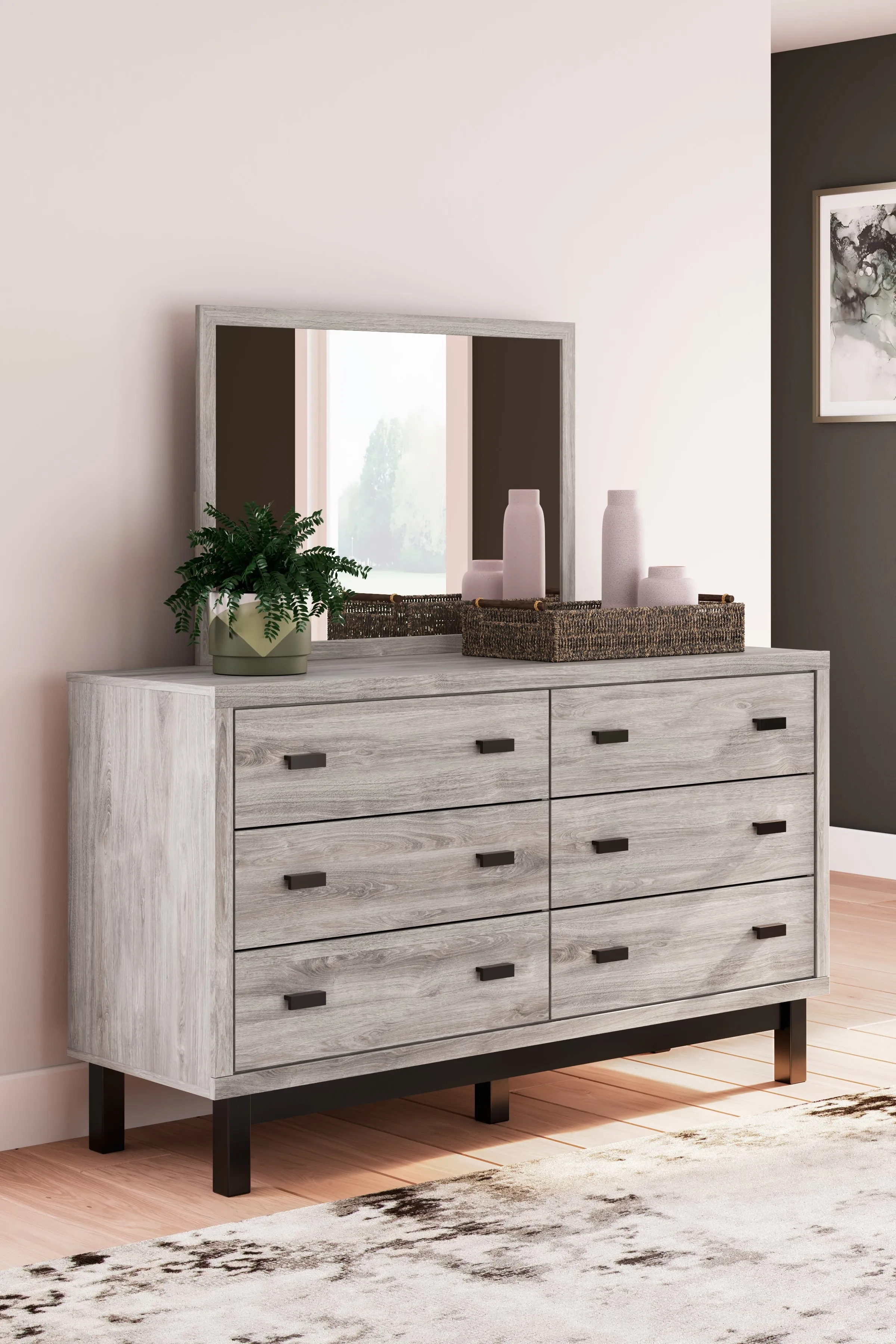 Vessalli Queen Panel Bed with Mirrored Dresser, Chest and 2 Nightstands in Gray