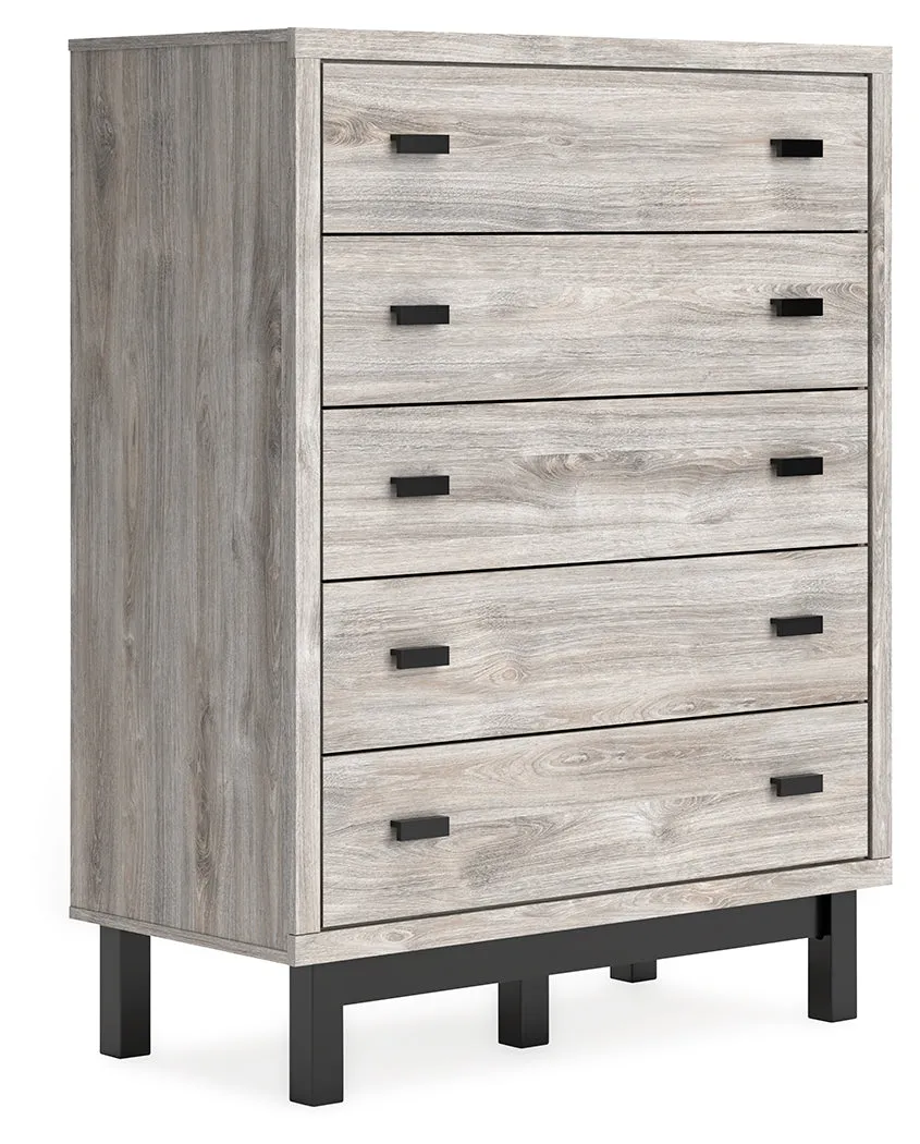 Vessalli Queen Panel Bed with Mirrored Dresser, Chest and 2 Nightstands in Gray