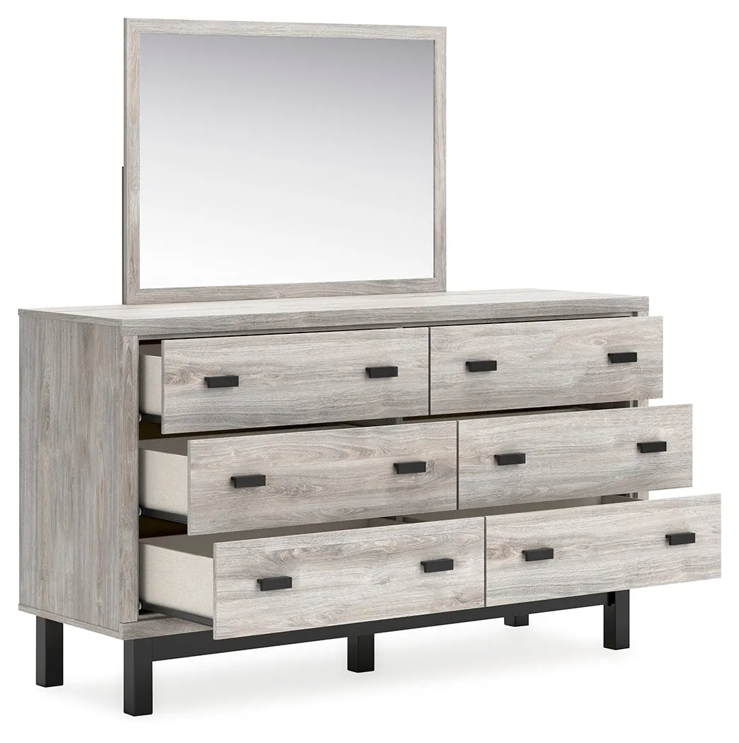 Vessalli Queen Panel Bed with Mirrored Dresser, Chest and 2 Nightstands in Gray