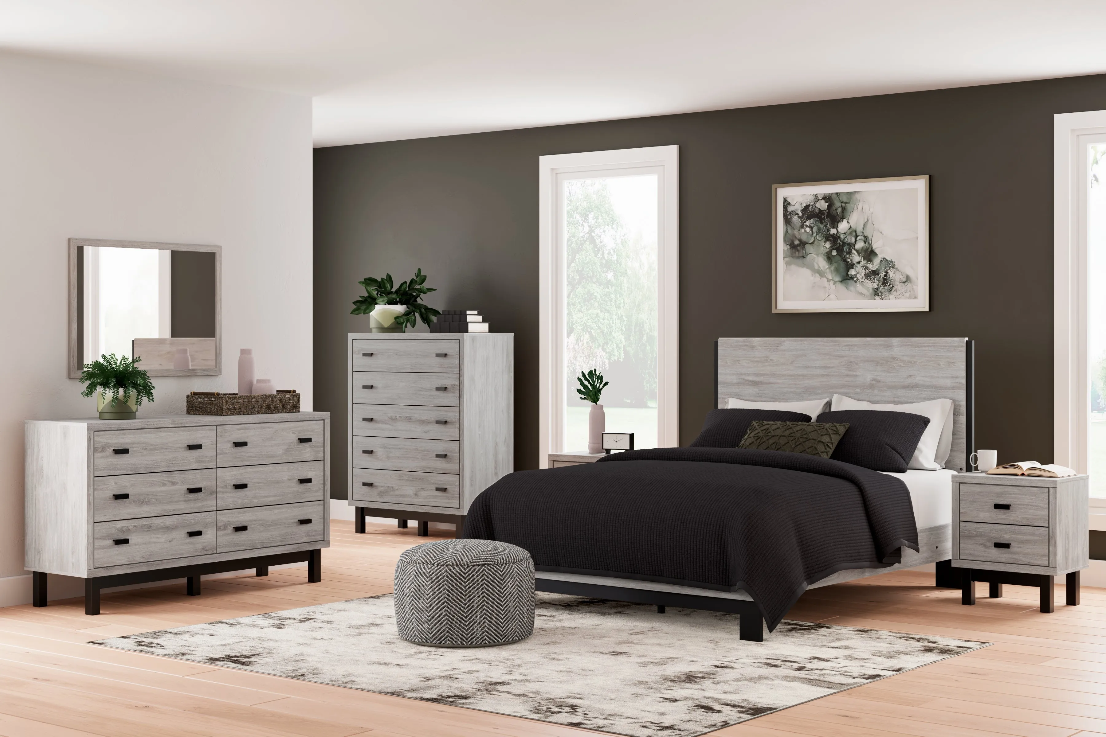 Vessalli Queen Panel Bed with Mirrored Dresser, Chest and 2 Nightstands in Gray