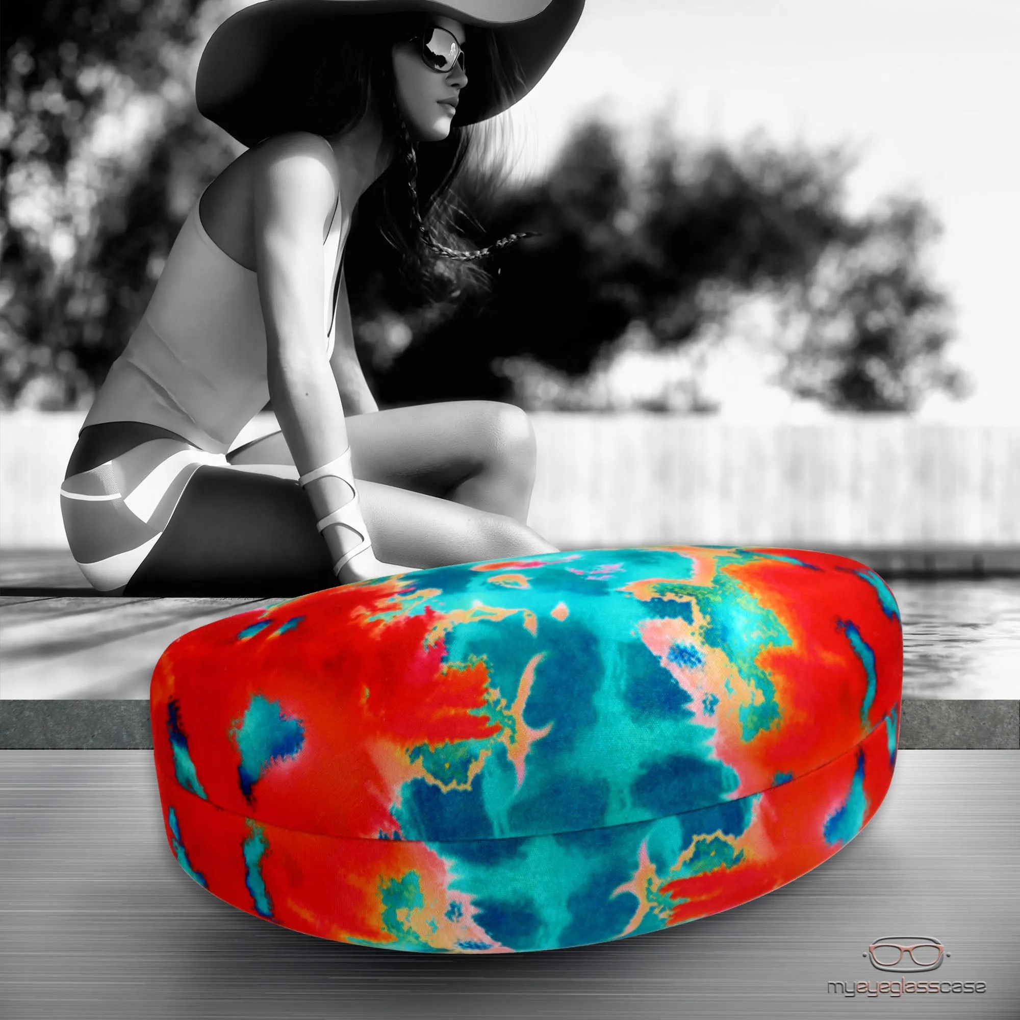 Women Extra Large Curved Sunglasses Case - Hard glasses case w Pouch and Cloth (AS179 Tie Dye)