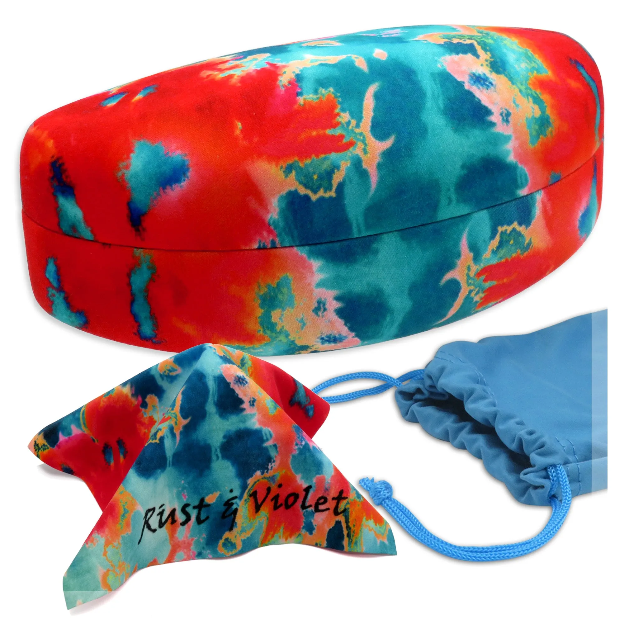 Women Extra Large Curved Sunglasses Case - Hard glasses case w Pouch and Cloth (AS179 Tie Dye)