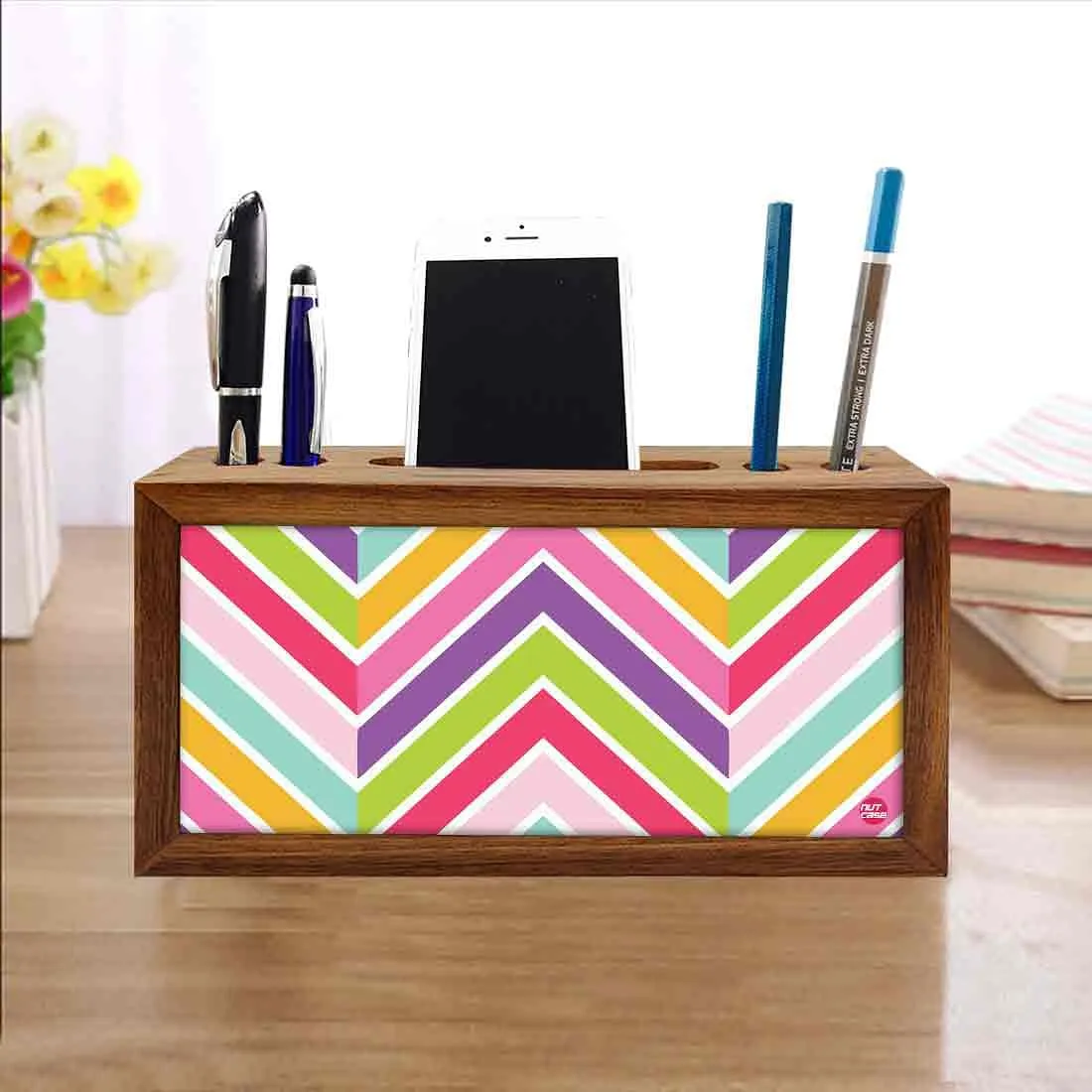 Wood desktop organizer Pen Mobile Stand - Colorful Lines