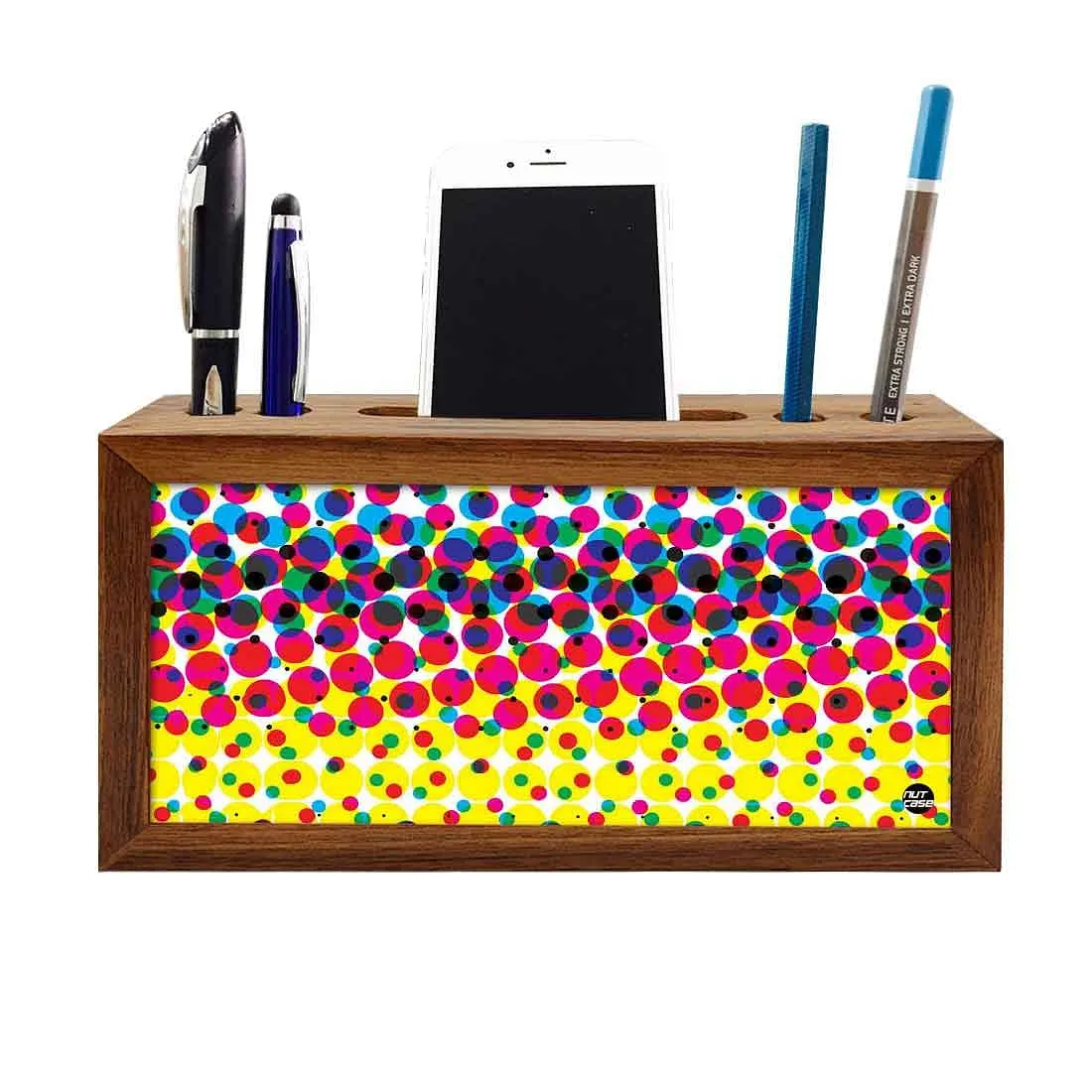 Wooden desktop organizer Pen Mobile Stand - Polka Dots